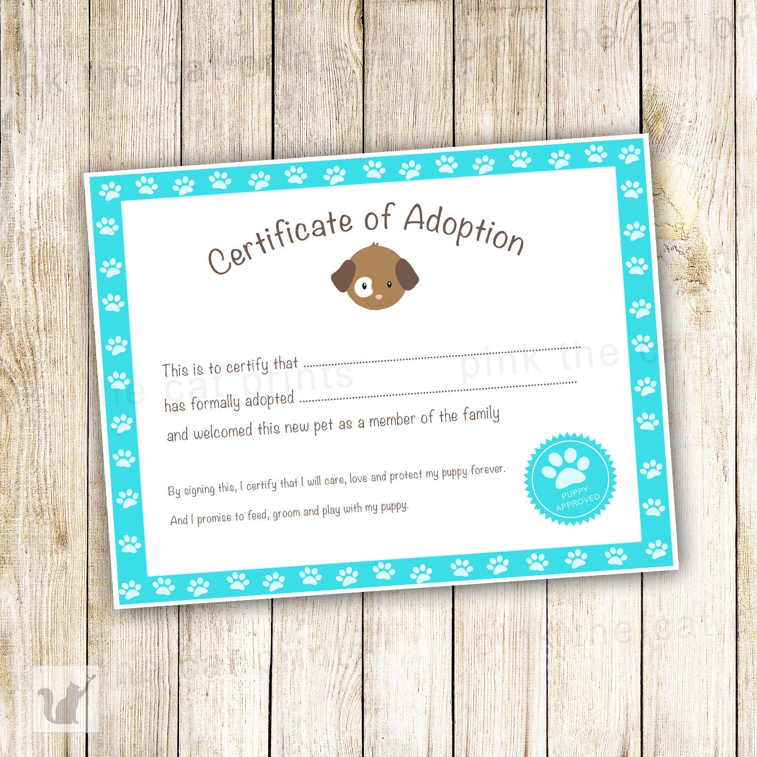 Certificate of Adoption Puppy Birthday Party Turquoise