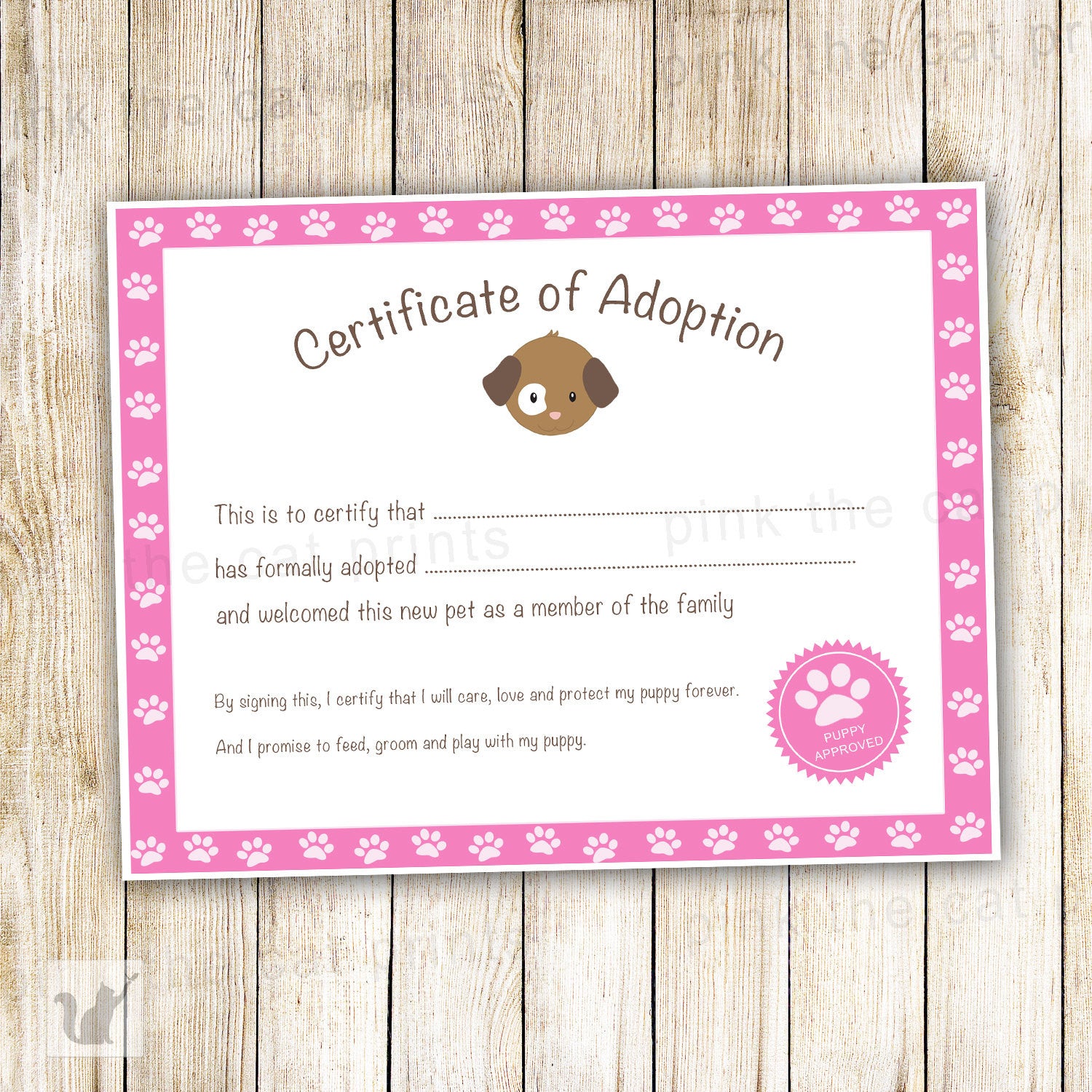 Certificate of Adoption Puppy Birthday Party Pink