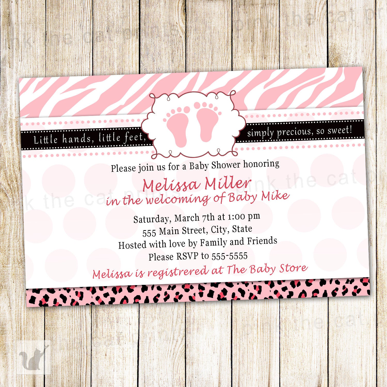 pink zebra baby shower invitation