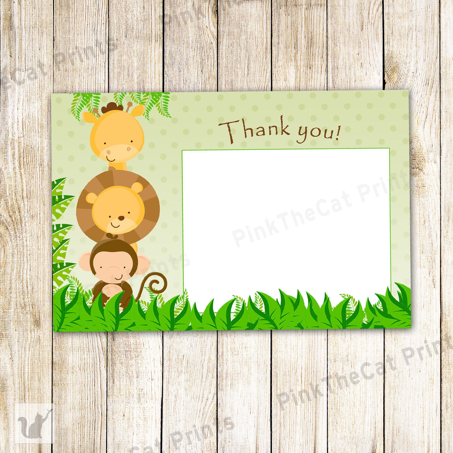 Jungle Thank You Card Note - Green Brown Baby Boy Shower Or Birthday Party Printable  INSTANT DOWNLOAD