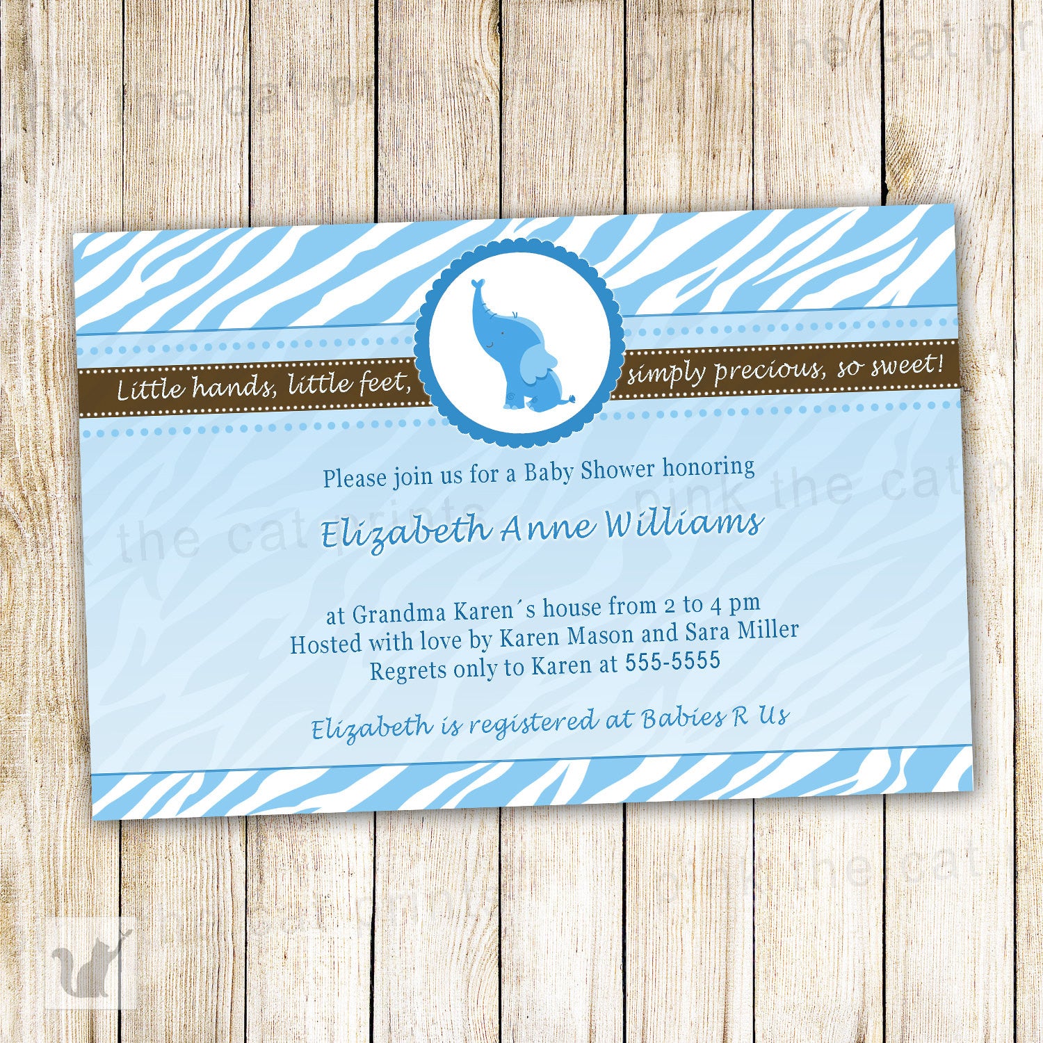 elephant blue zebra invitation brown