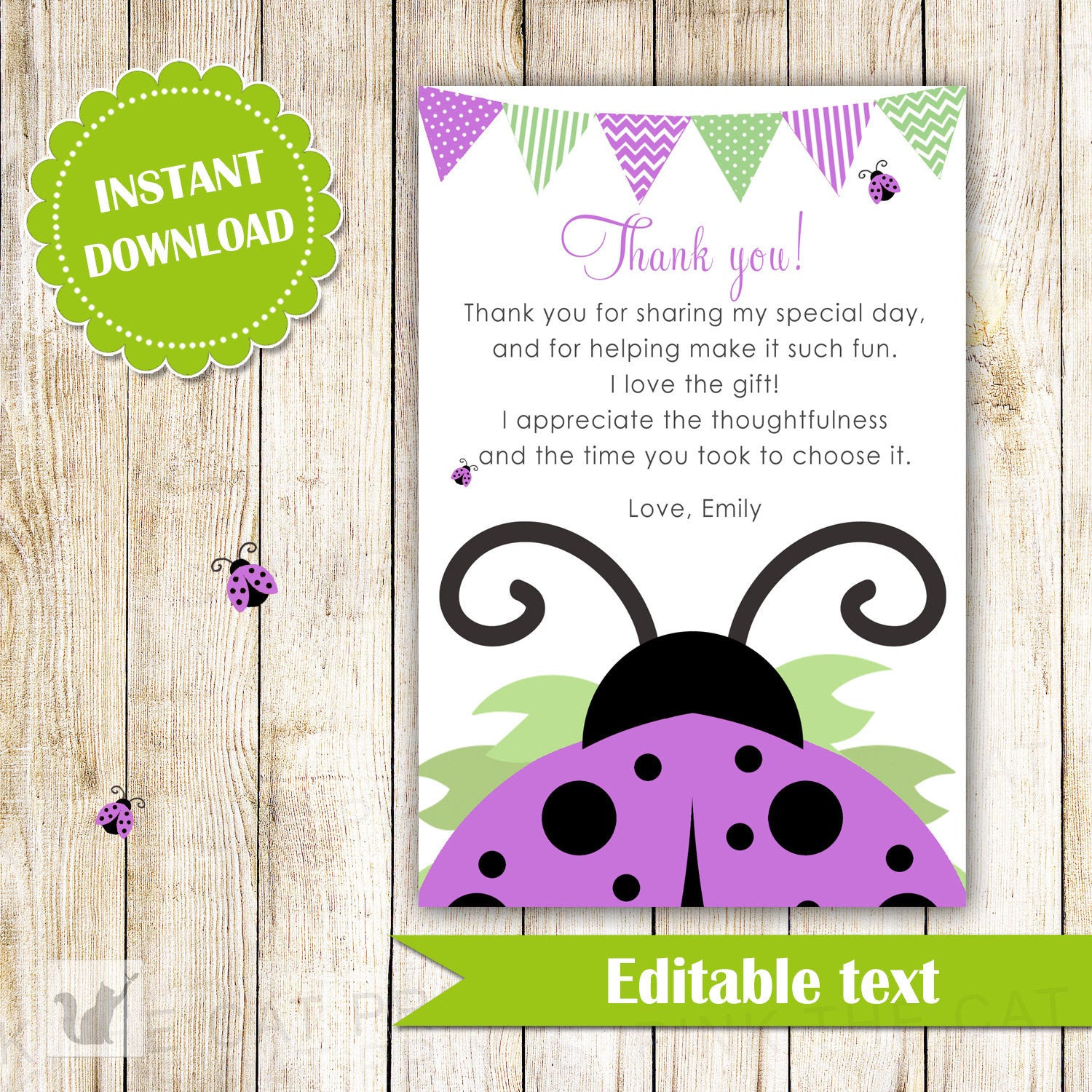 Ladybug Thank You Card - Purple Black Printable Editable File INSTANT DOWNLOAD