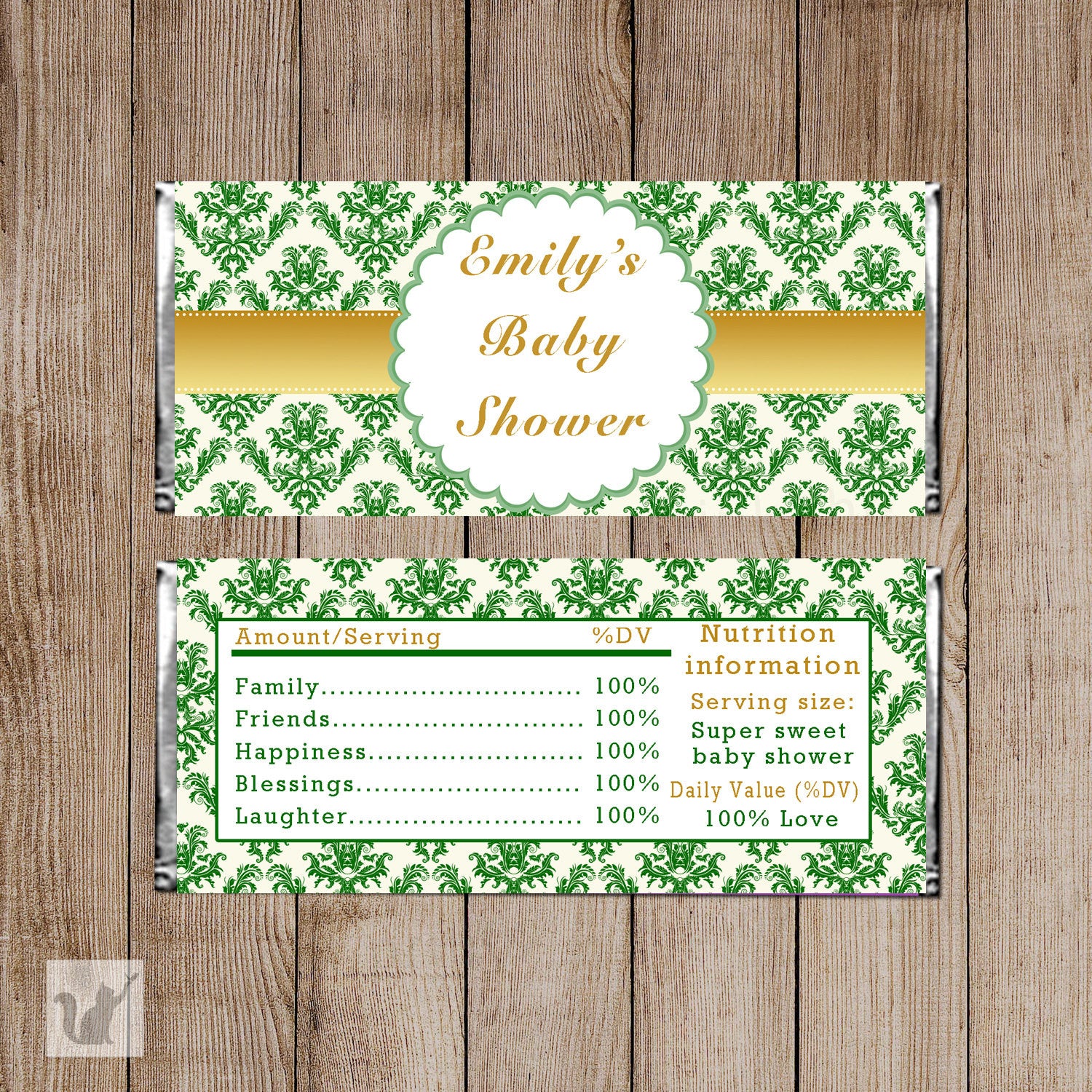 Damask Candy Bar Label Baby Girl Shower Wrapper Emerald Green Gold