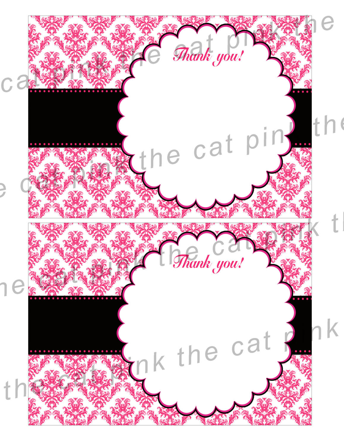Damask Thank You Card Hot Pink Black Birthday Bridal Shower