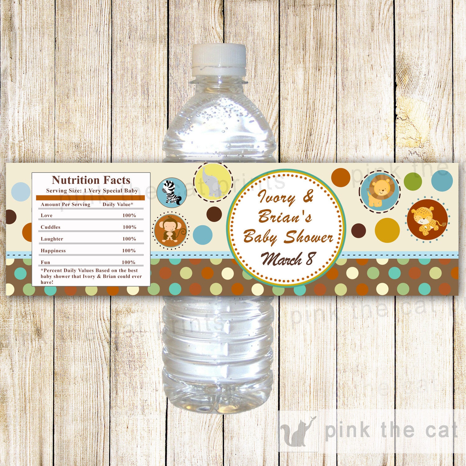 Jungle Bottle Label Baby Boy Shower Brown Animals