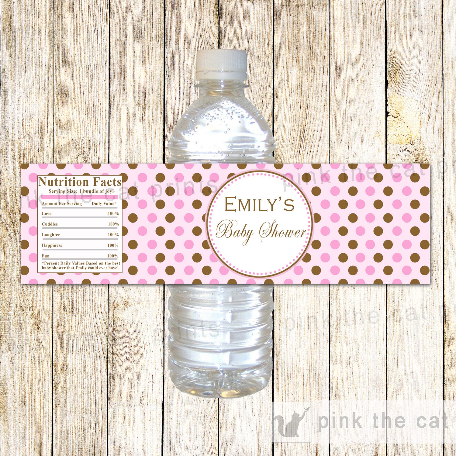 Pink Brown Water Bottle Label Birthday Baby Shower