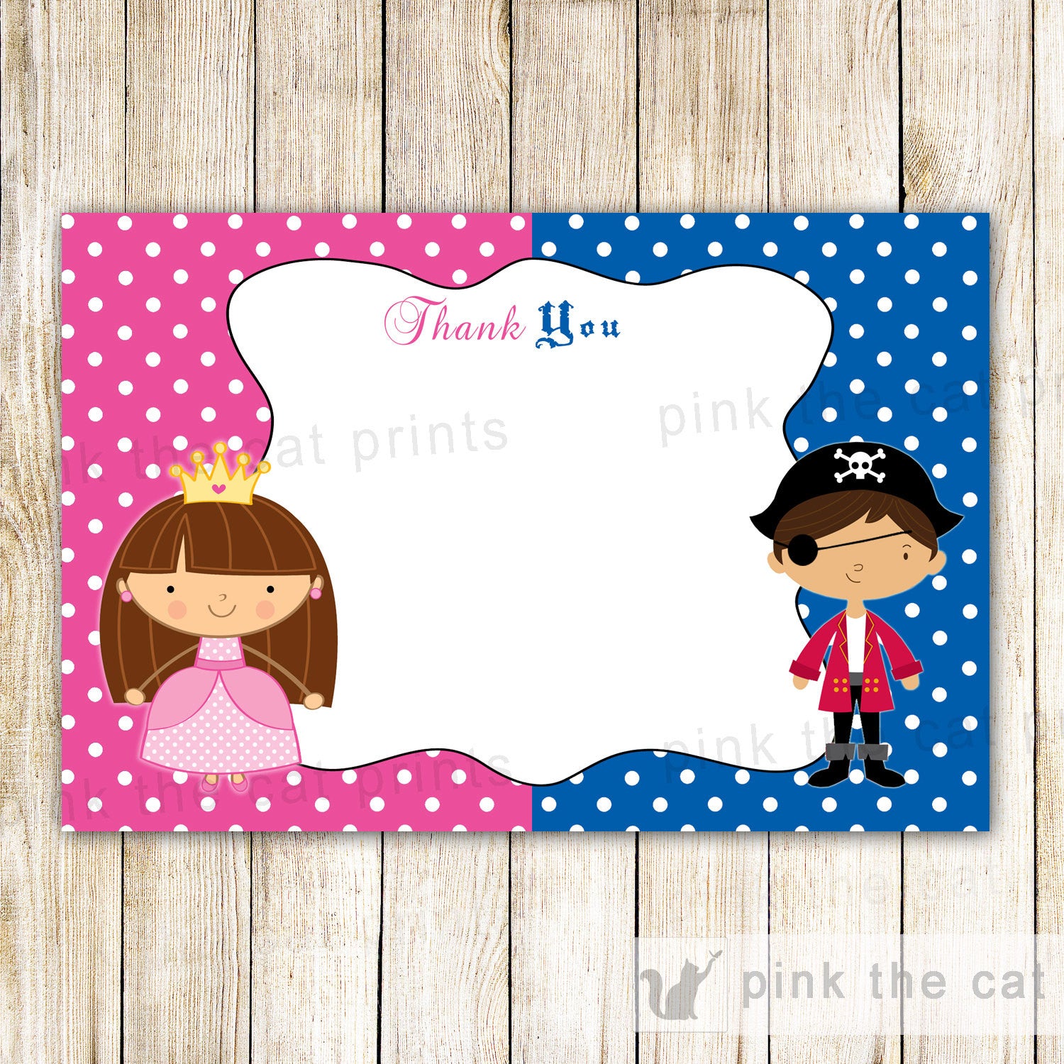 Pirate Princess Blank Thank You Card Note Kids Birthday Party Printable INSTANT DOWNLOAD