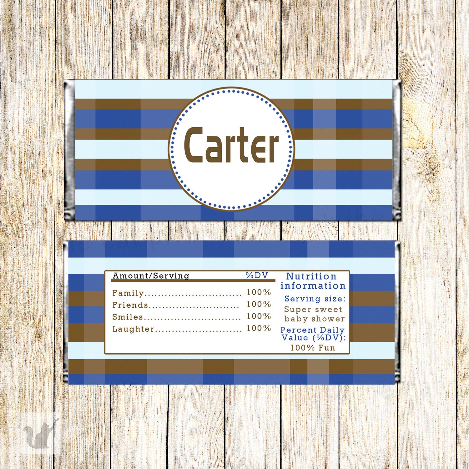 Blue Brown Stripes Candy Bar Wrapper Label Birthday Baby Shower