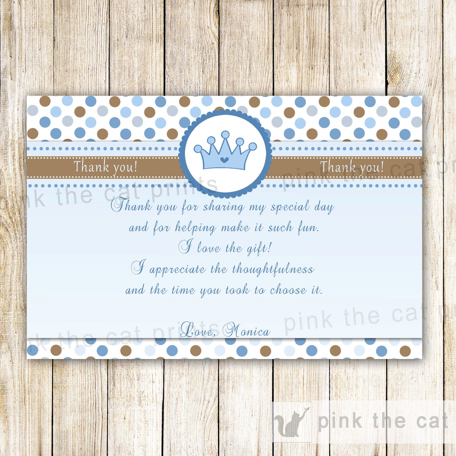 Prince Thank You Card Note Baby Shower Birthday Blue Brown