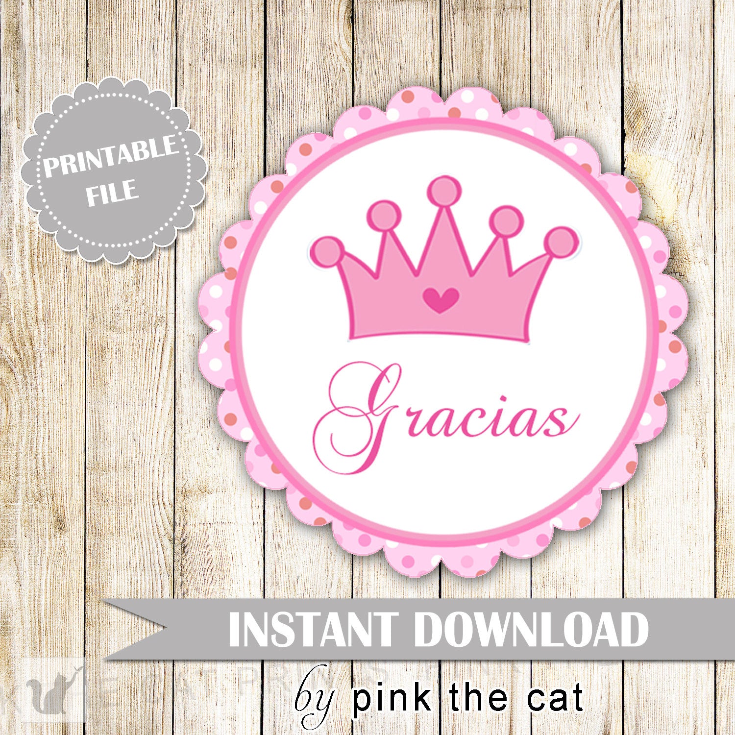 Princess Gift Favor Label or Tag - Pink Polka Dots Round Baby Shower Favors Birthday Party Favors Party Decorations Spanish INSTANT DOWNLOAD