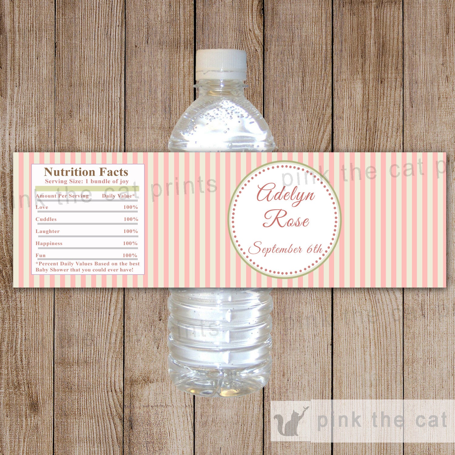 Pink Mint Stripes Bottle Label Birthday Baby Shower