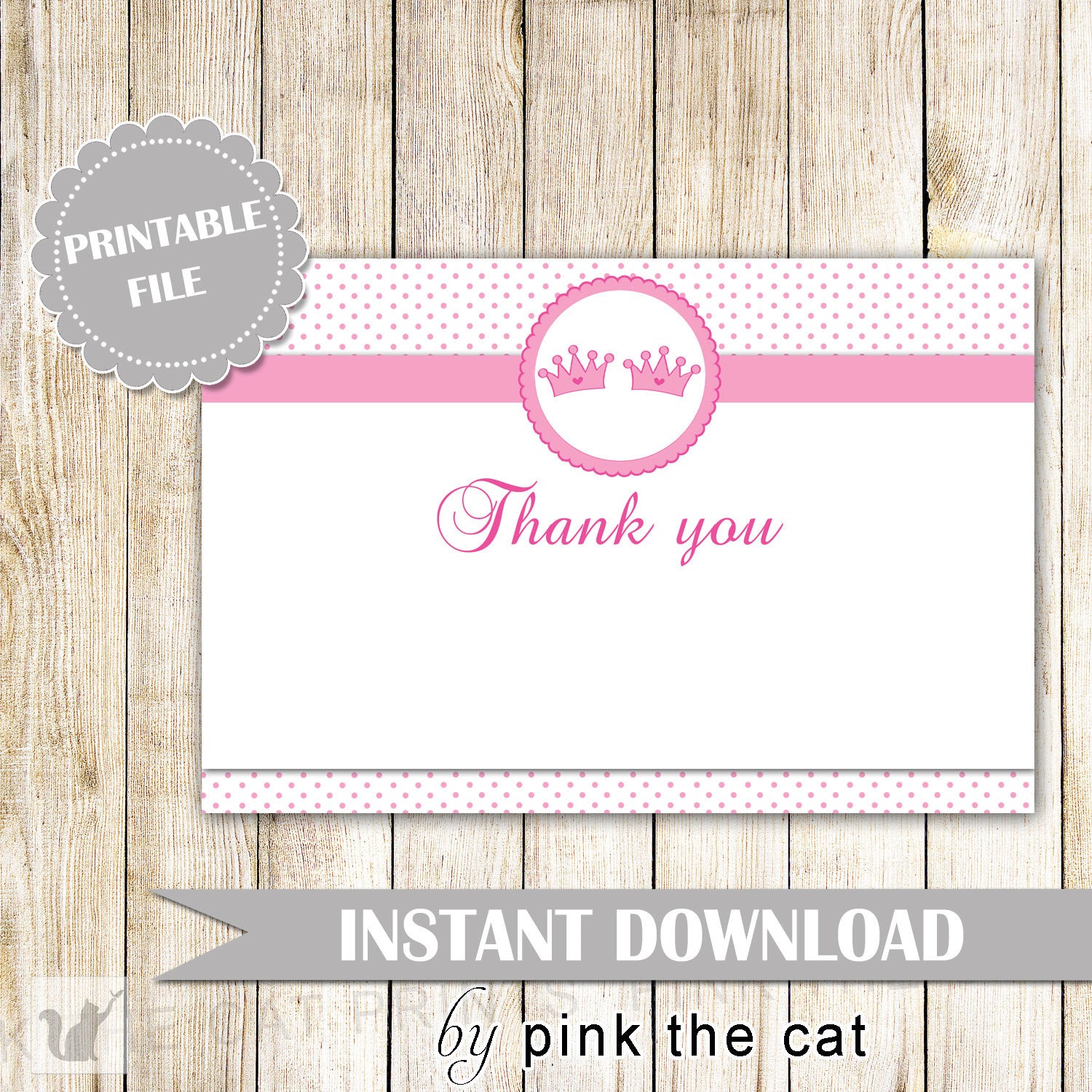 Princess Thank You Card Note - Twin Girls Birthday Party Baby Shower Pink Polka Dots Printable INSTANT DOWNLOAD