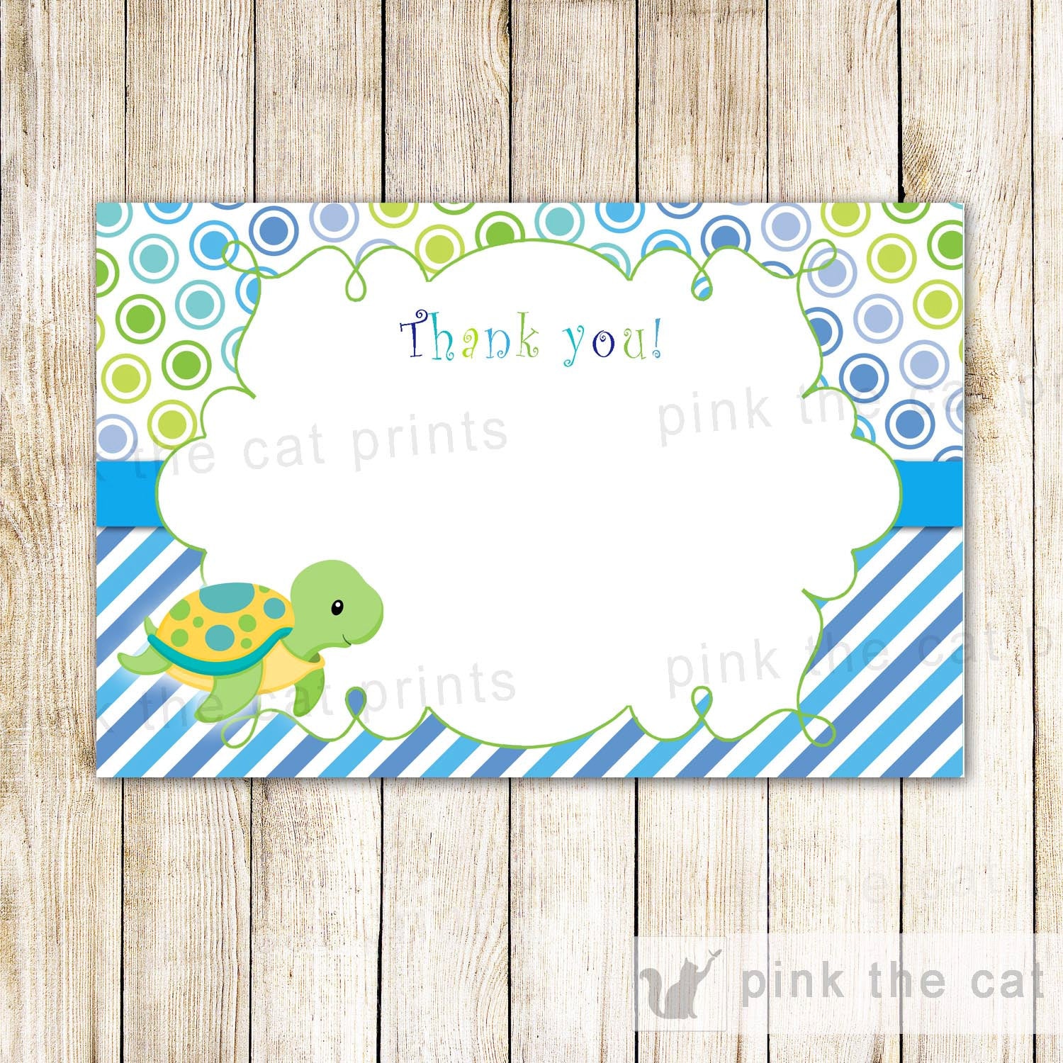 INSTANT DOWNLOAD Ocean Sea Turtle Birthday Party Thank You Card Note - Blue Green Polka Stripes Birthday Party Favor Baby Shower Blank