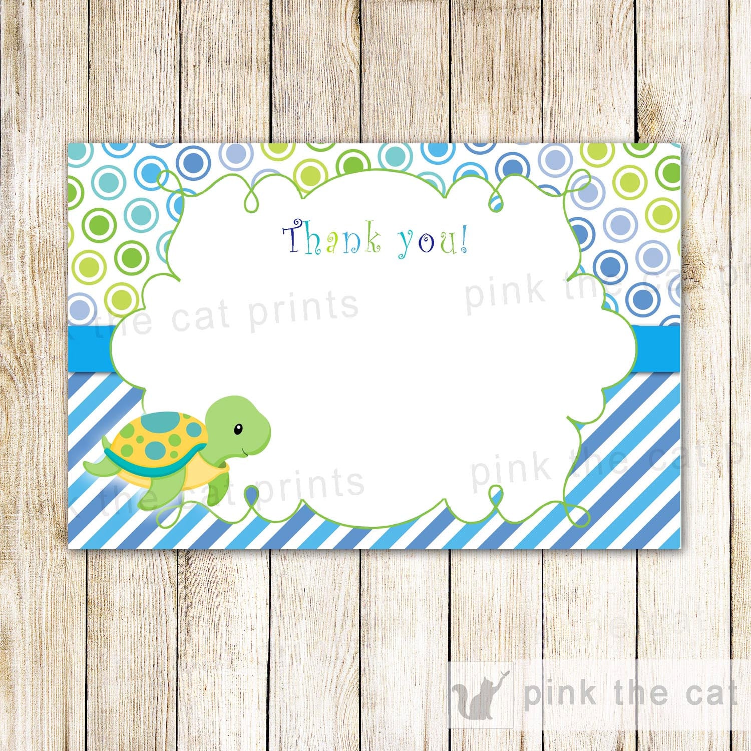 INSTANT DOWNLOAD Ocean Sea Turtle Birthday Party Thank You Card Note - Blue Green Polka Stripes Birthday Party Favor Baby Shower Blank