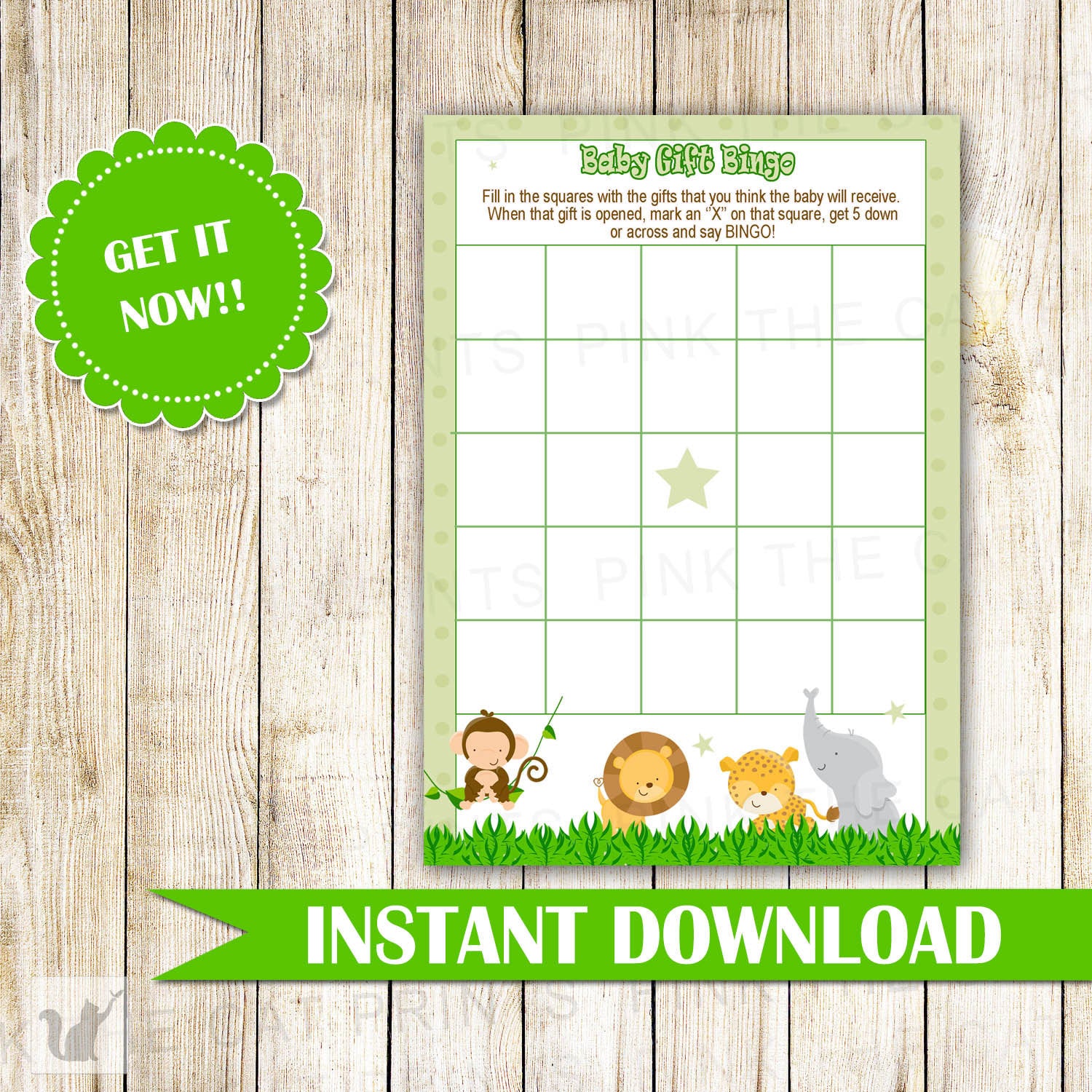 Green Jungle Bingo Card Baby Shower