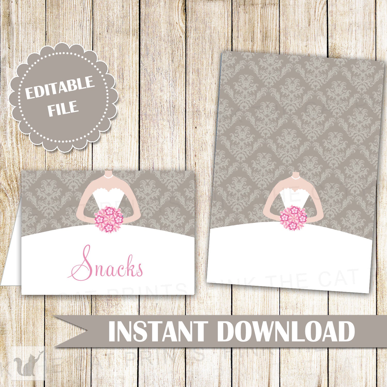 Buffet Food Label Wedding Bridal Shower Place Seating Name Card Grey Pink