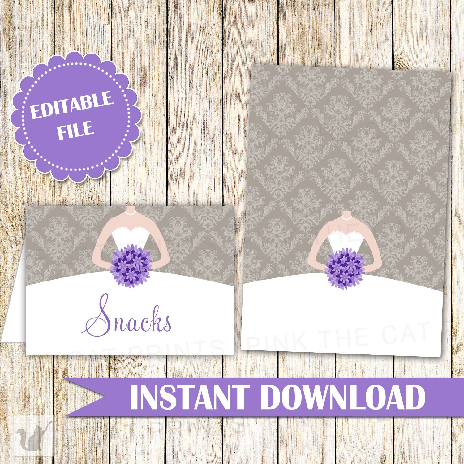 Buffet Food Label Wedding Place Seating Name Card Purple Grey Dress
