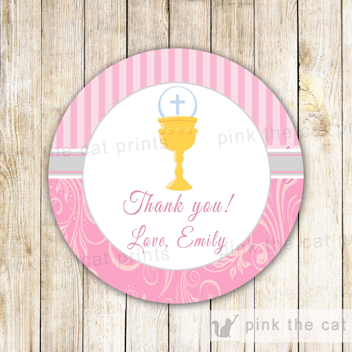 Chalice Girl First Holy Communion Favor Label Tag Sticker Pink Grey