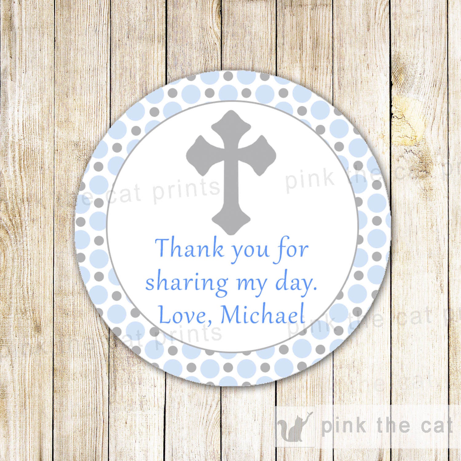 Blue Grey Boy Christening Baptism Communion Thank You Tag Label Sticker