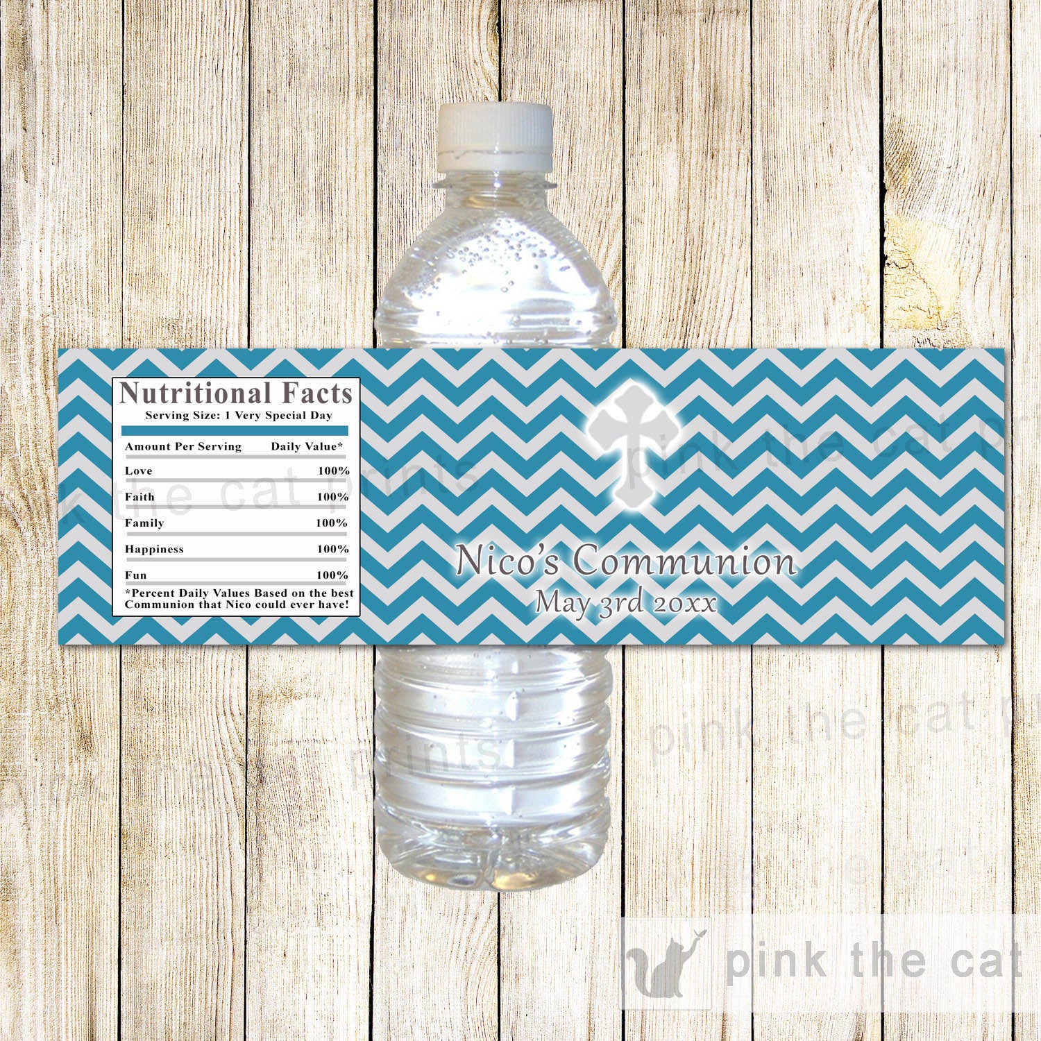 Boy Baptism Christening Bottle Label Teal Grey
