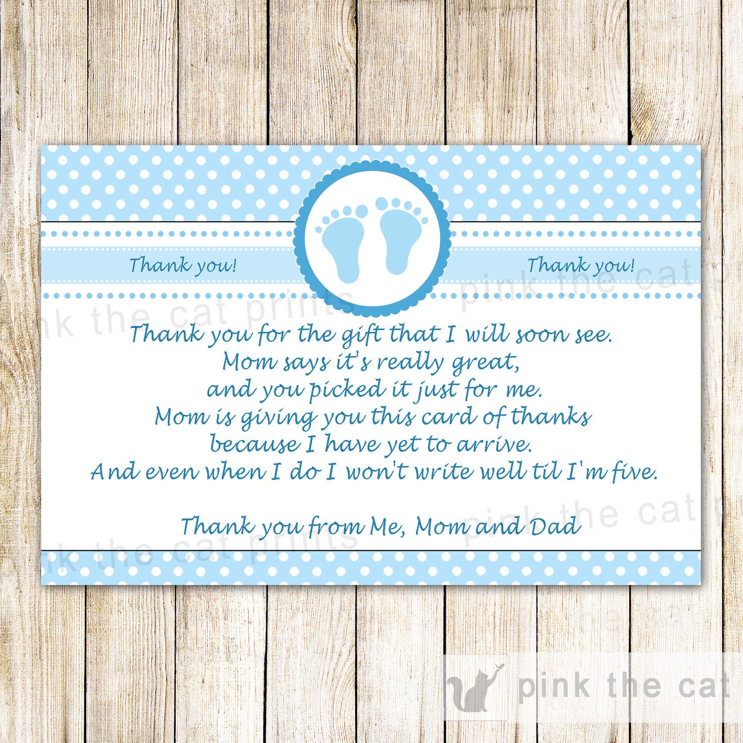 Baby Boy Shower Thank You Card Note Blue White Polka Dots