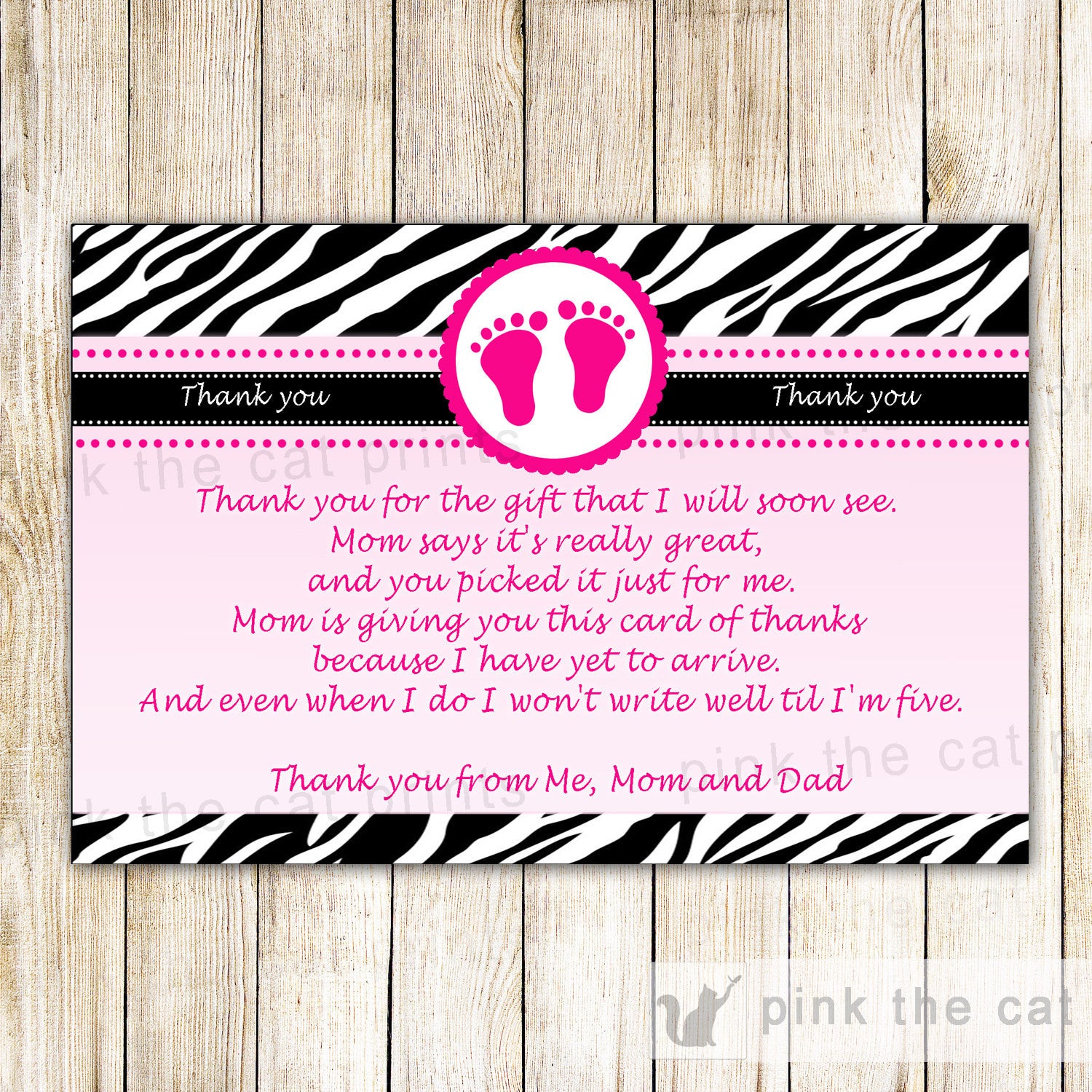 Zebra Baby Girl Shower Thank You Card Note - Hot Pink Black Printable Editable File INSTANT DOWNLOAD