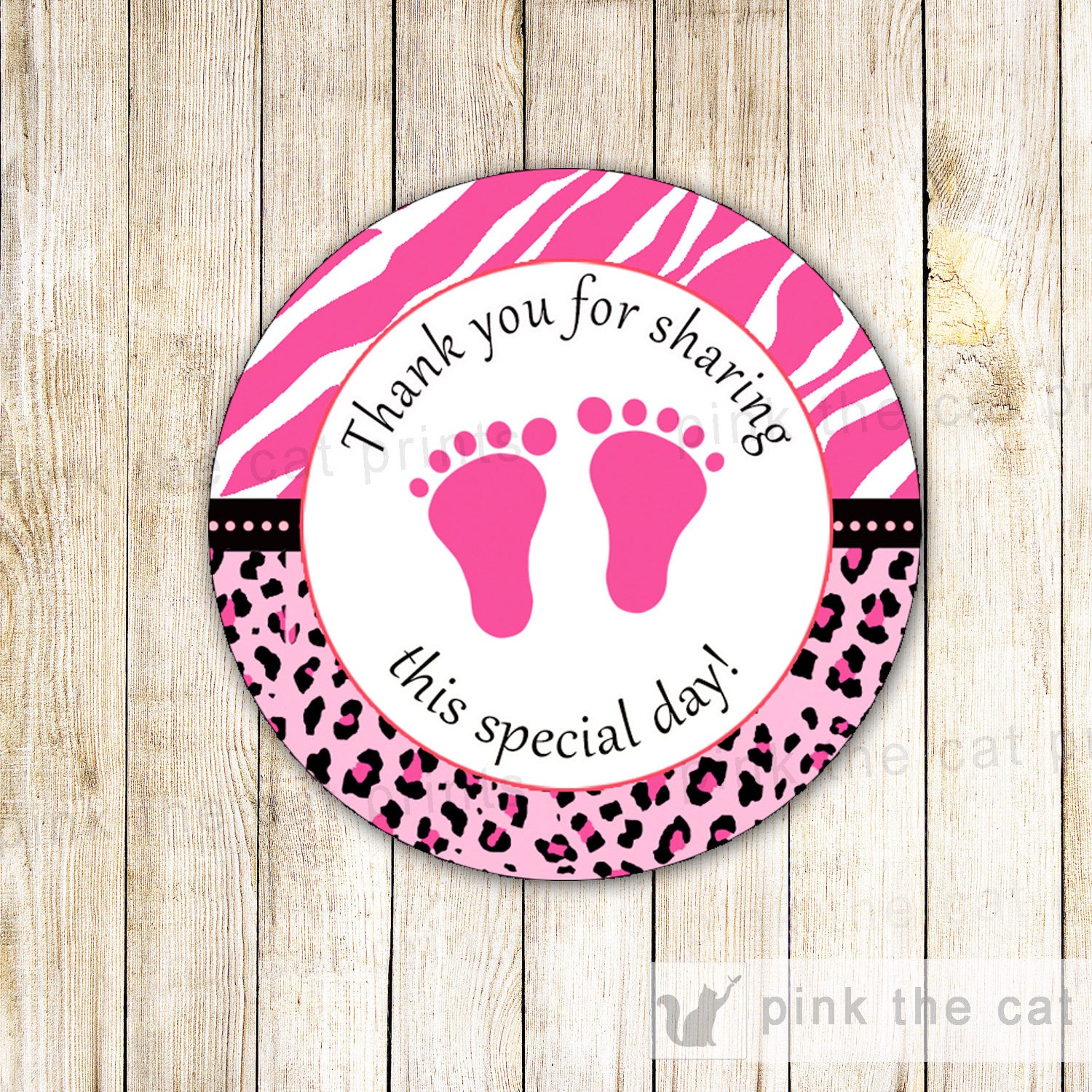 Baby Girl Shower Thank You Label Sticker Tag Hot Pink Black Zebra