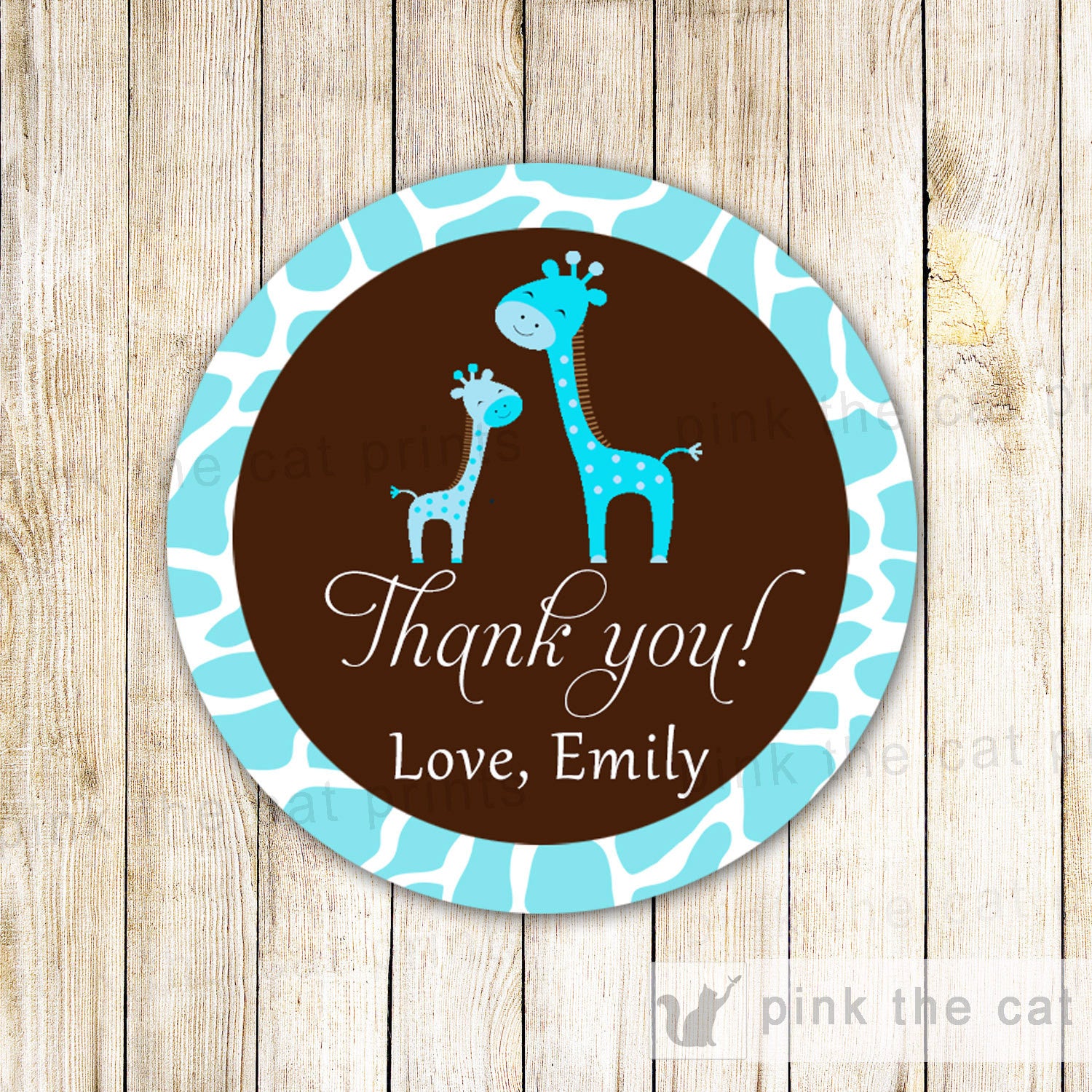 Giraffe Thank You Tag Sticker Favor Label Baby Shower Teal Brown