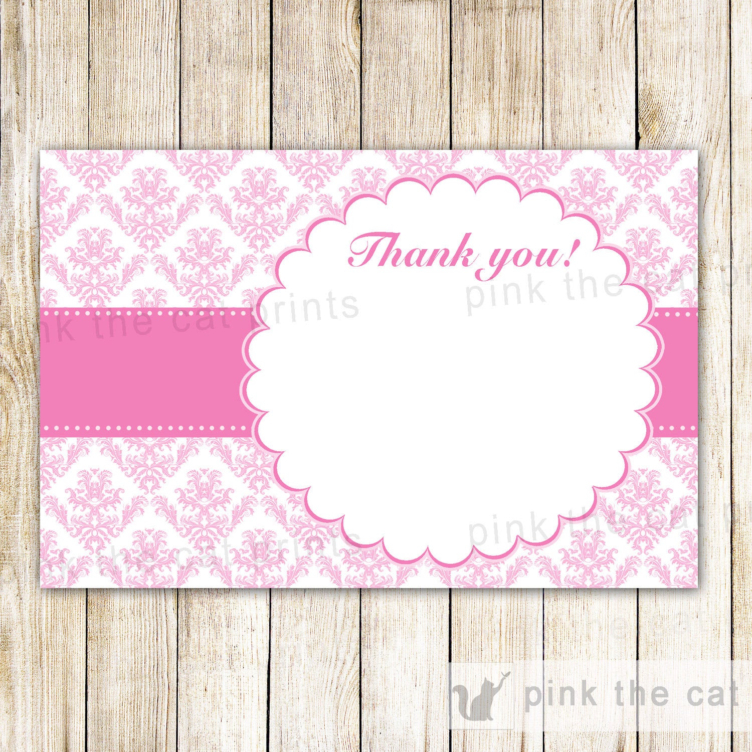 Pink Damask Thank You Note, Blank Handwritten Card, Girl Birthday Party, Baby Girl Shower, Printable File, Damask Birthday, INSTANT DOWNLAOD