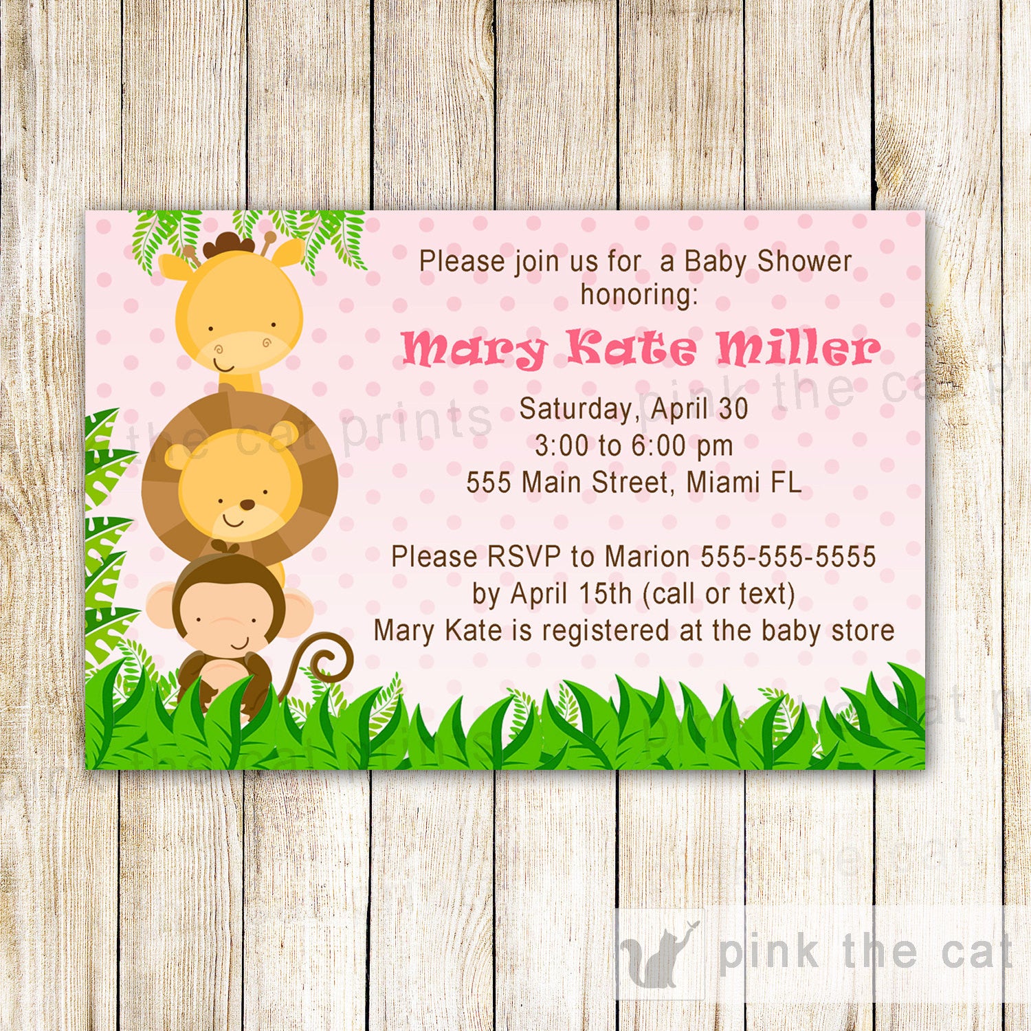 Jungle Invitation Baby Girl Shower Pink