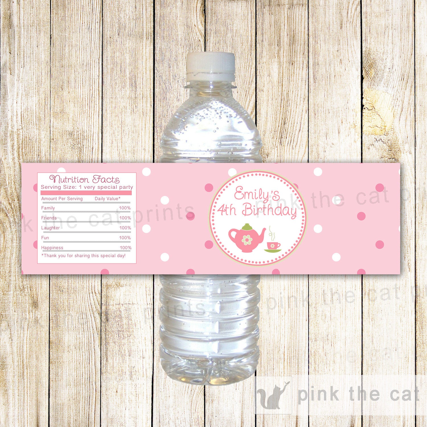 Tea Party Bottle Label Girl Birthday Baby Shower Pink