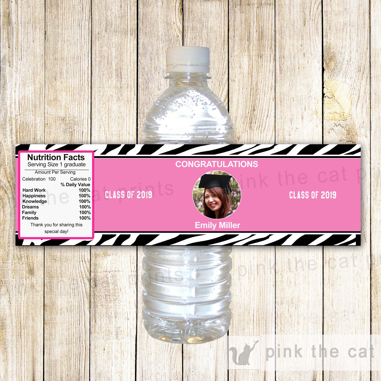 Graduation Party Bottle Label Pink Zebra