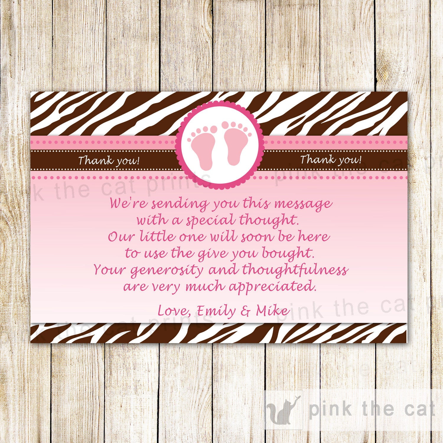 Pink Brown Zebra Baby Shower Thank You Note - Baby Feet Greeting Card Baby Girl Shower Printable Editable File INSTANT DOWNLOAD