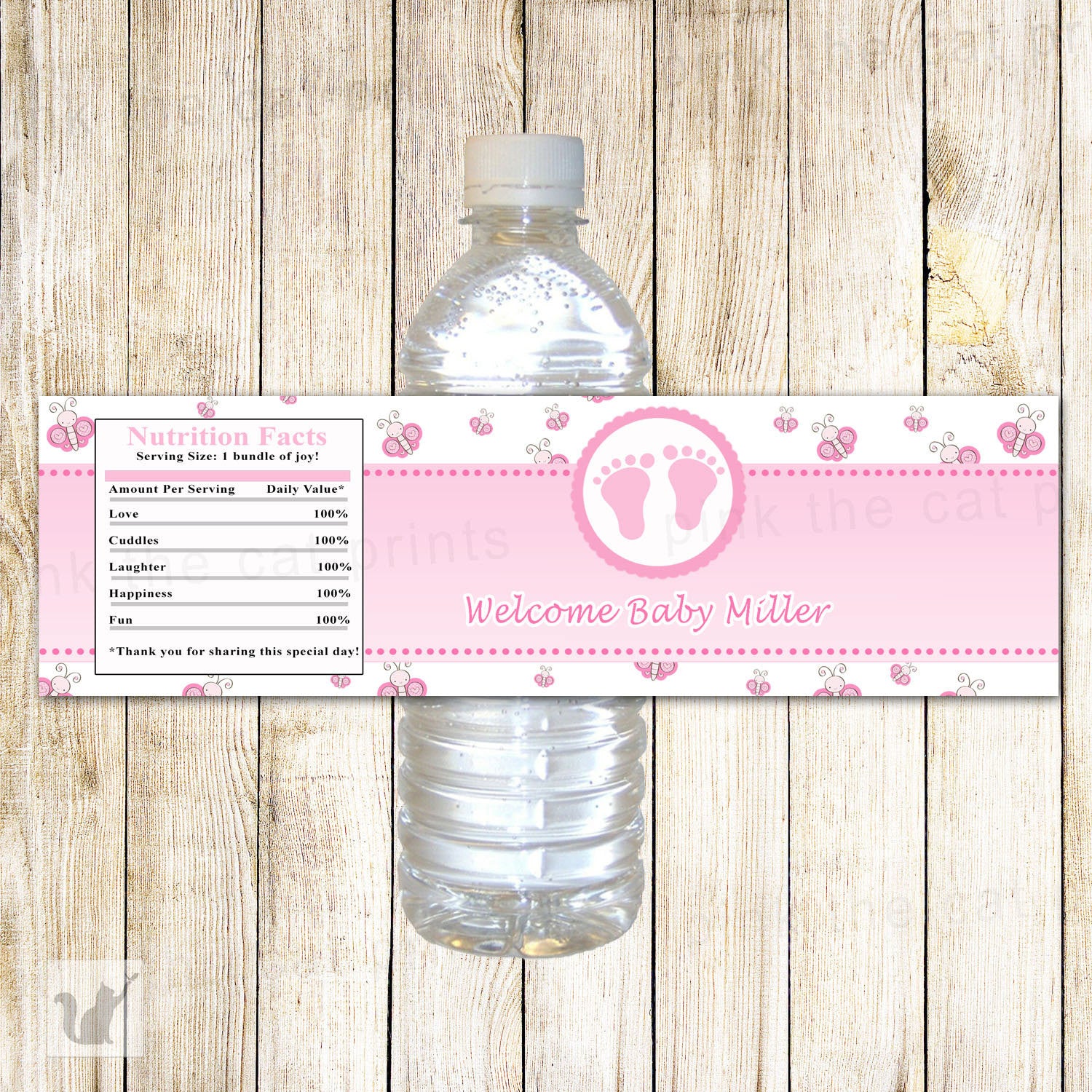Pink Butterfly Bottle Label Baby Shower