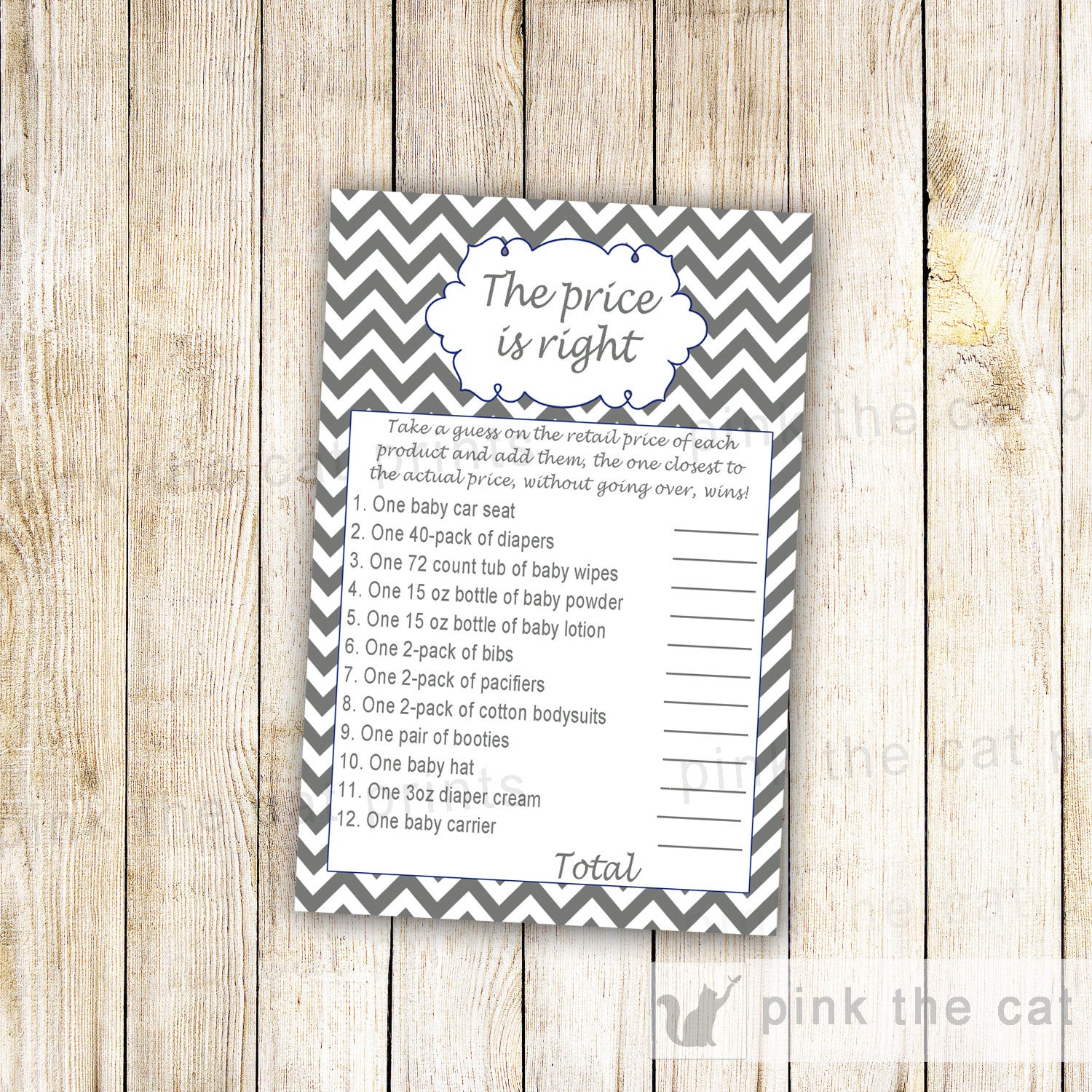 Baby Shower Games Grey Chevron Wishes for Baby Price is Right & Advice Card