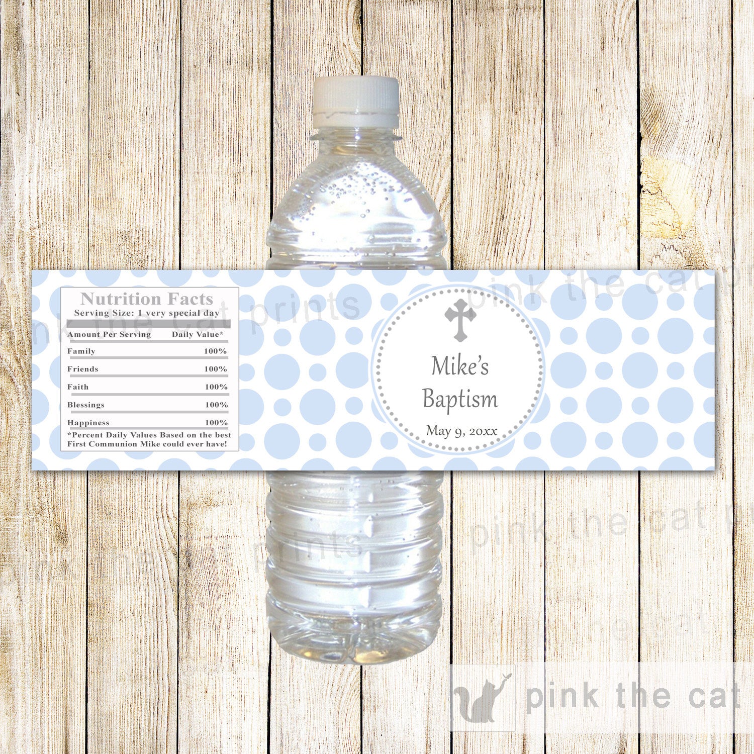 Blue Silver Bottle Label Boy Baptism Christening Communion