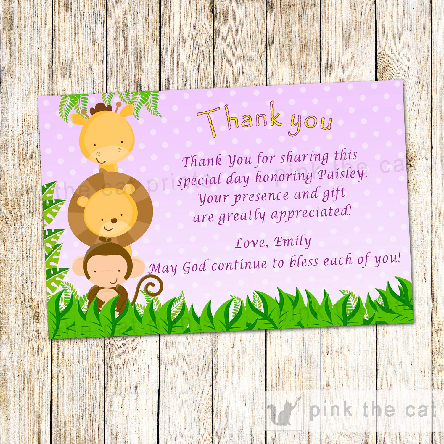 Jungle Thank You Card Note Baby Girl Shower Birthday Purple