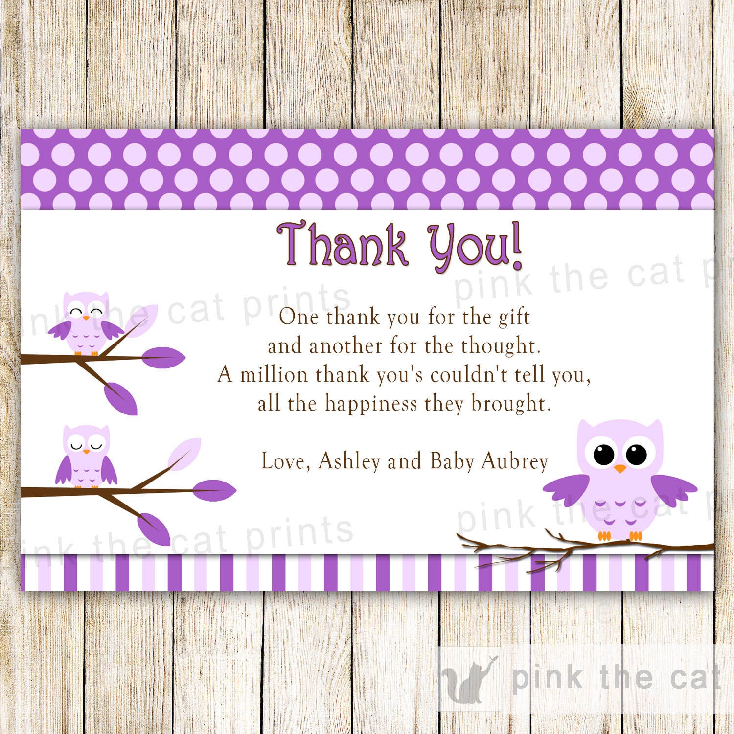 Owl Thank You Card Note Purple Birthday Baby Girl Shower