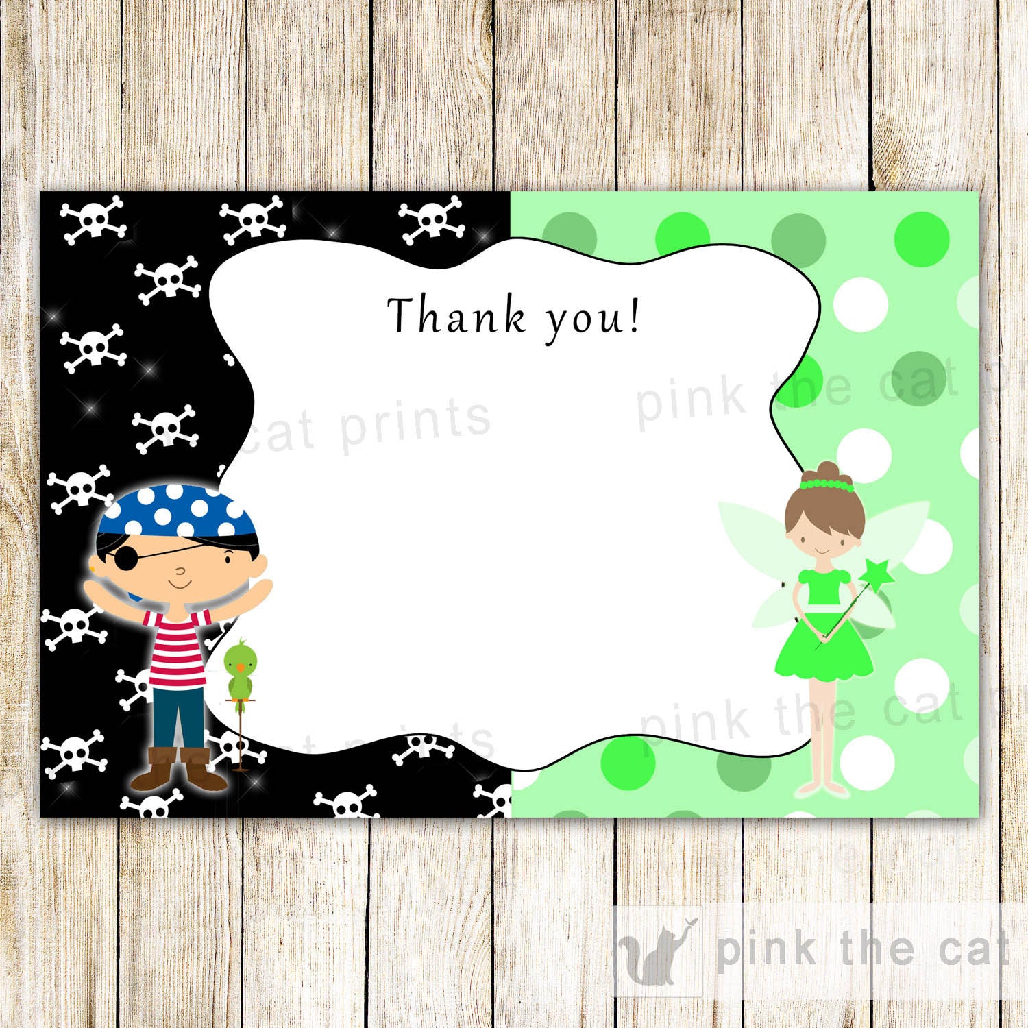Pirate Fairy Thank You Card - Pixie Kids Birthday Party Notes Lime Green Printable INSTANT DOWNLOAD