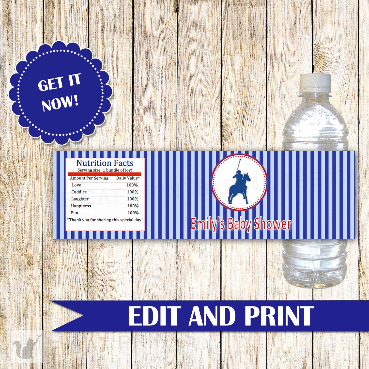 Polo Water Bottle Label Red Blue Stripes Baby Boy Shower Kids Birthday Party Decoration Printable Personalized Editable file INSTANT DOWLOAD
