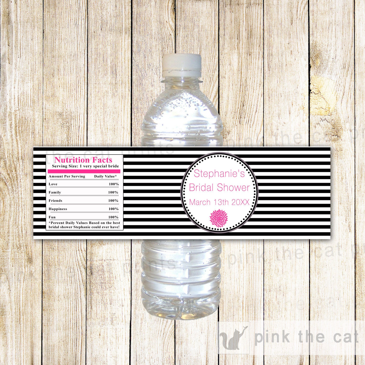 Black White Stripes Peoni Flower Bottle Label