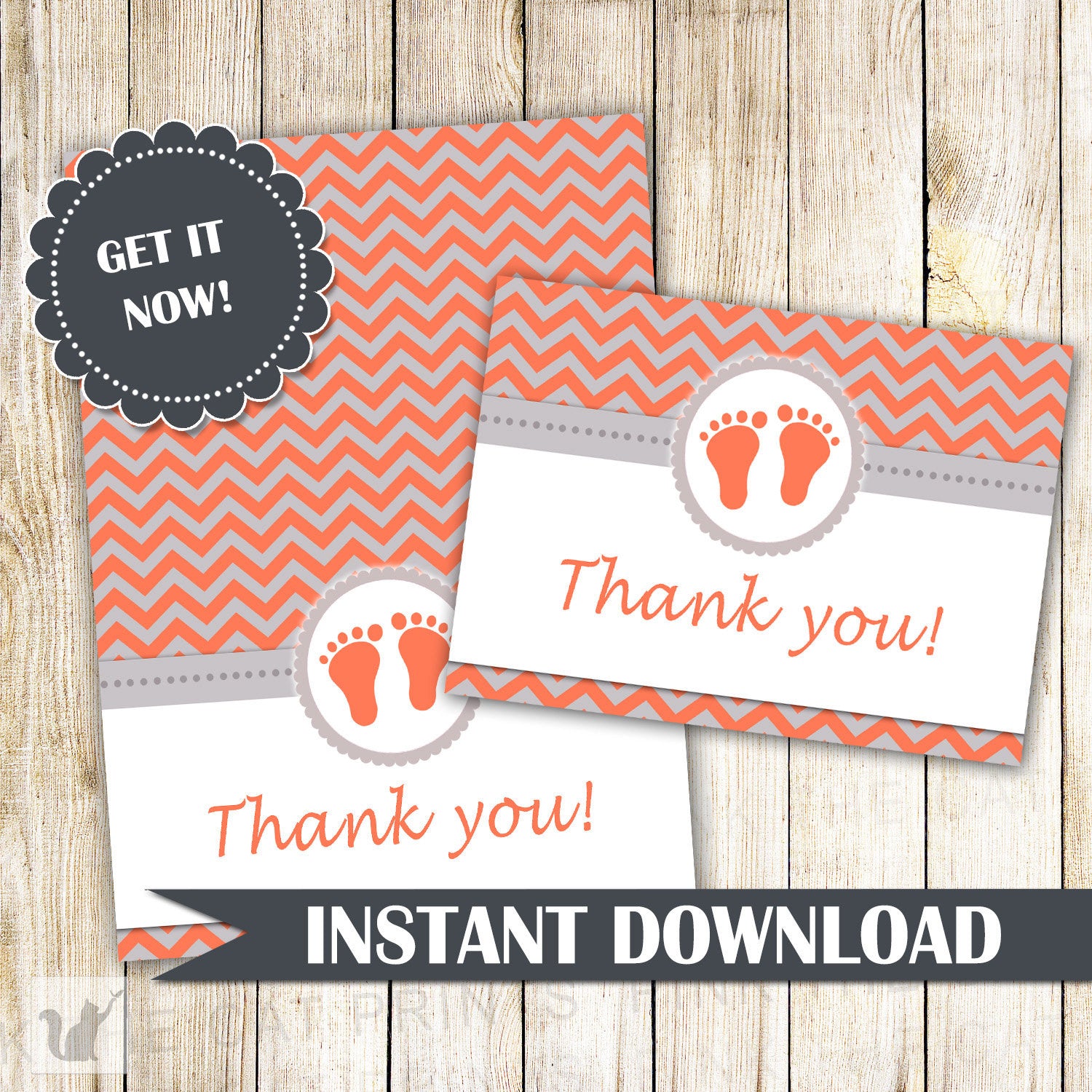 Orange Grey Baby Feet Baby Shower Blank Folded Thank You Cards Note - Silver Coral Baby Shower Party Thank You Card Unisex INSTANT DOWNLOAD