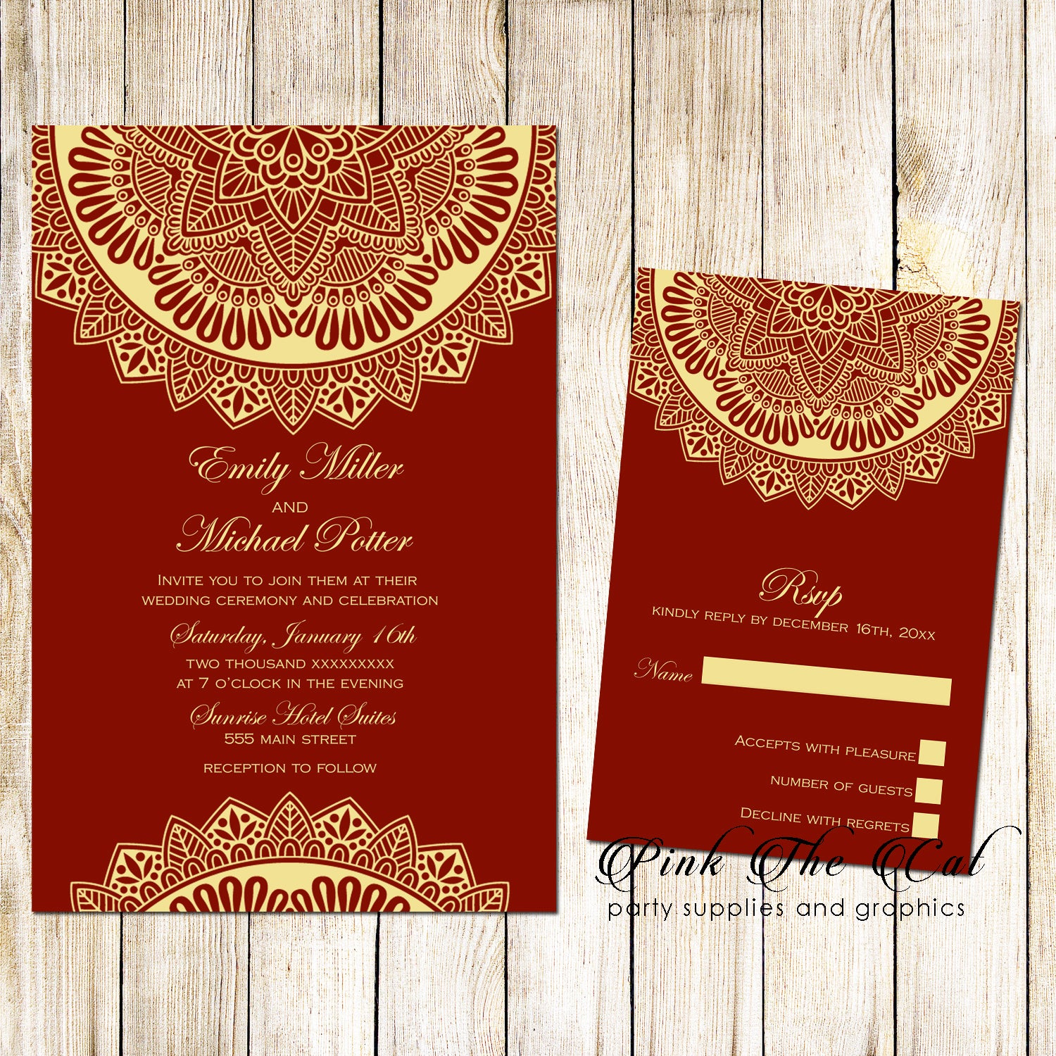 Mandala Wedding Invitations & RSVP Cards Burgundy Printable