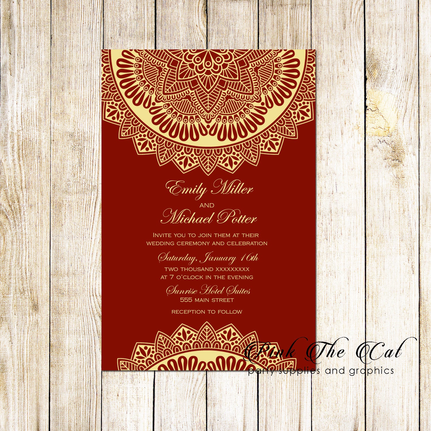 Red Mandala wedding invitations (set of 100)