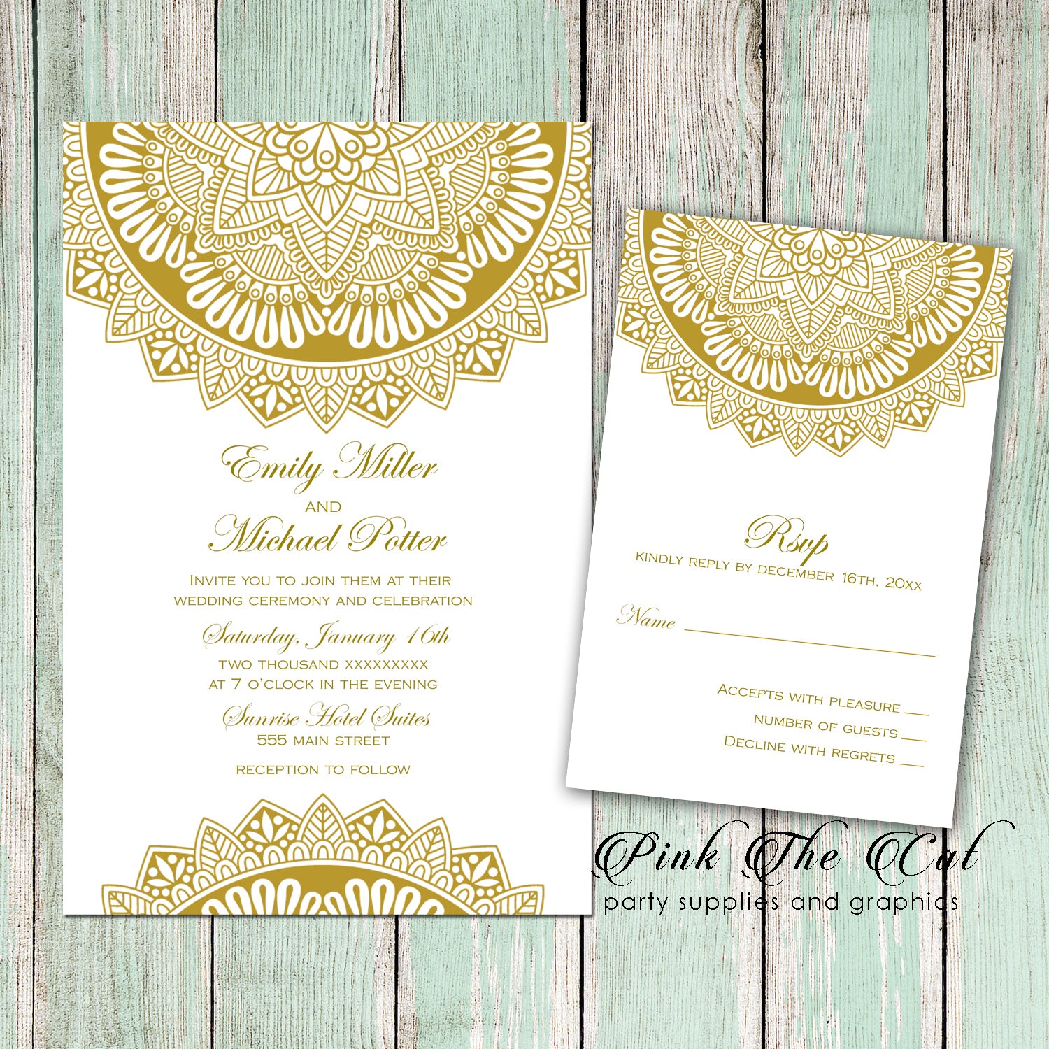 Ethnic Wedding Invitations & RSVP Cards Gold Printable