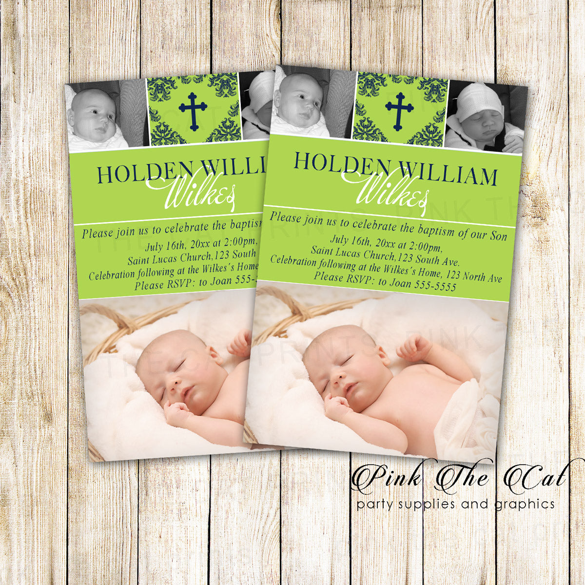 30 Baptism Christening Photo Invitation Green Black