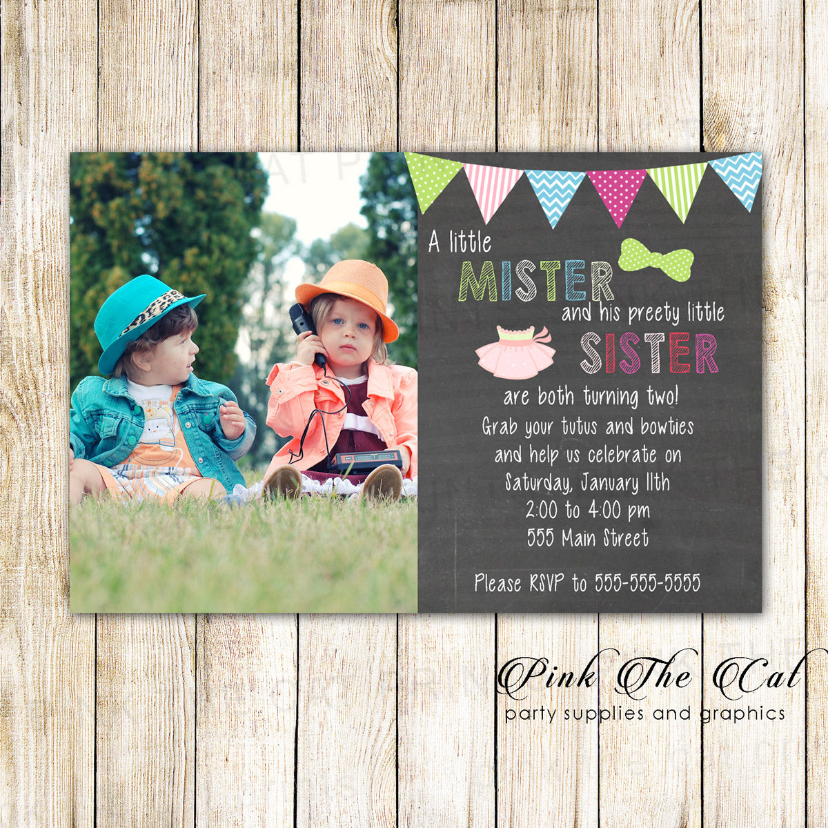 Mister and Sister Photo Invitation Tutu Bow Tie Printable