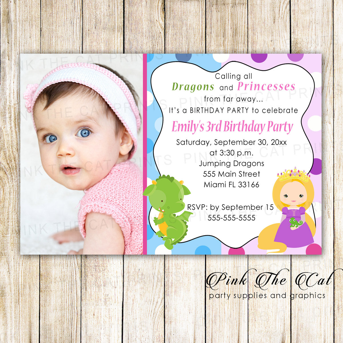 Princess Dragon Birthday Invitation With Photo Printable