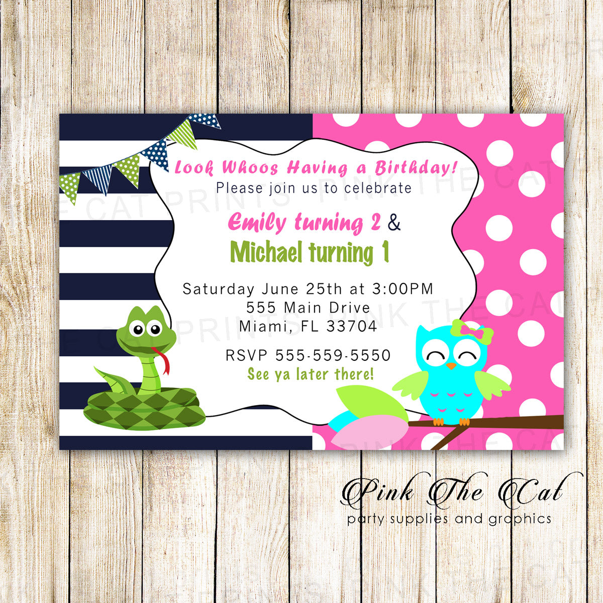 30 Invitations Reptile Snake Owl Kids Birthday Party