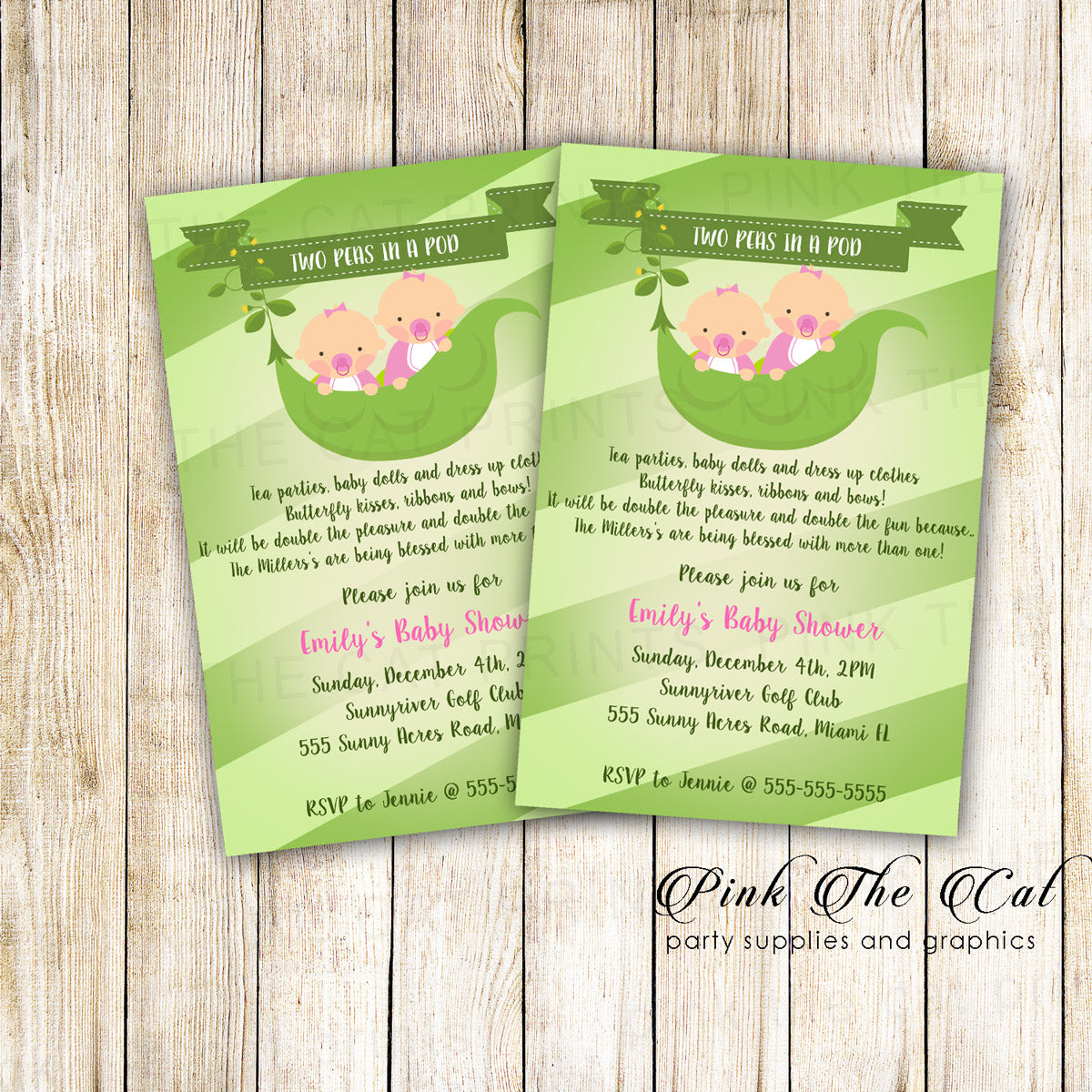 30 Cards Sweet Peas Twin Girls Baby Shower Invitations